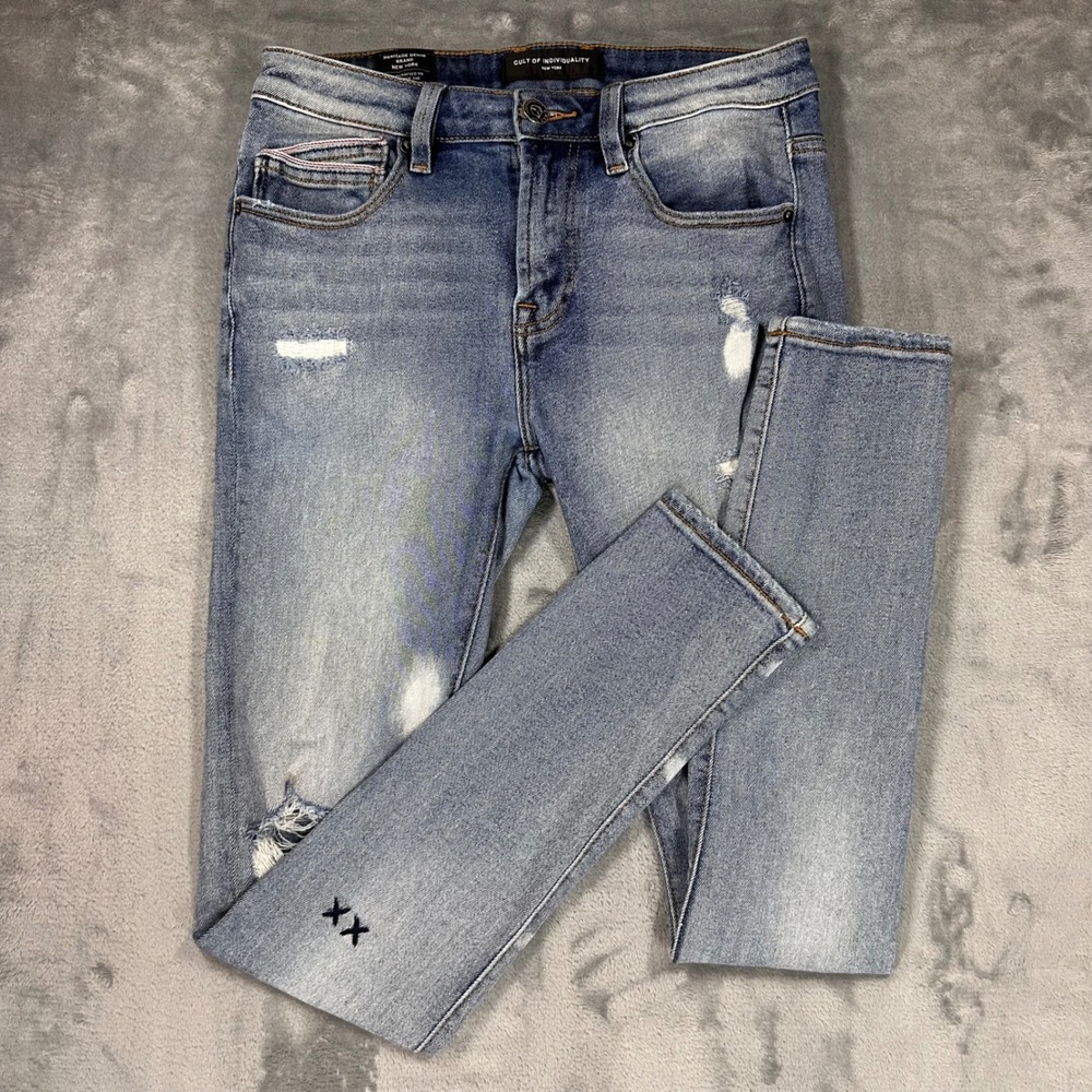 Cult of Individuality Punk Super Skinny Jeans Mens 30x32 Blue Distressed